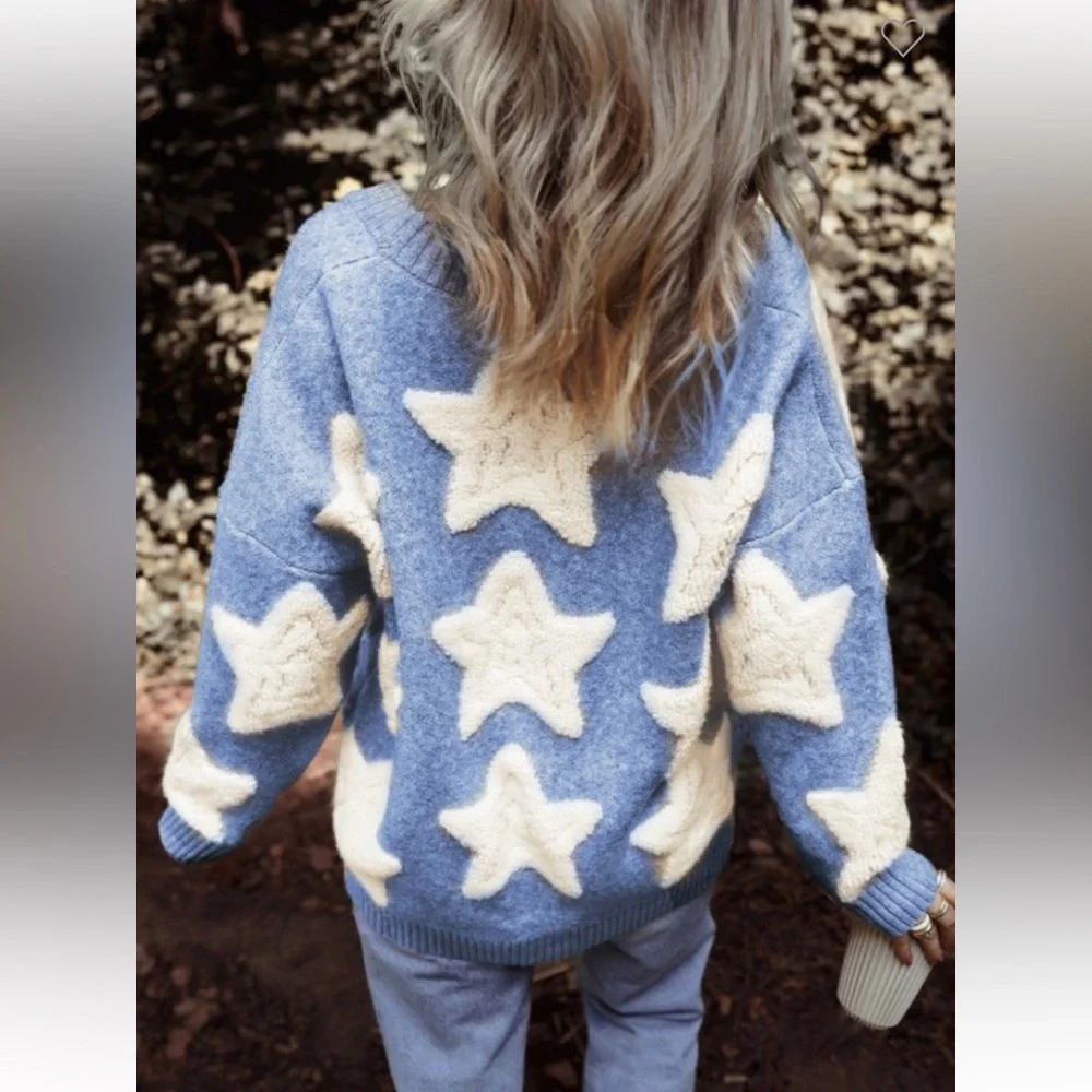 B058–(🚨 3 COLORS) Star Patterned Thick and Cozy Cardigan Sweater - Picture 4 of 7